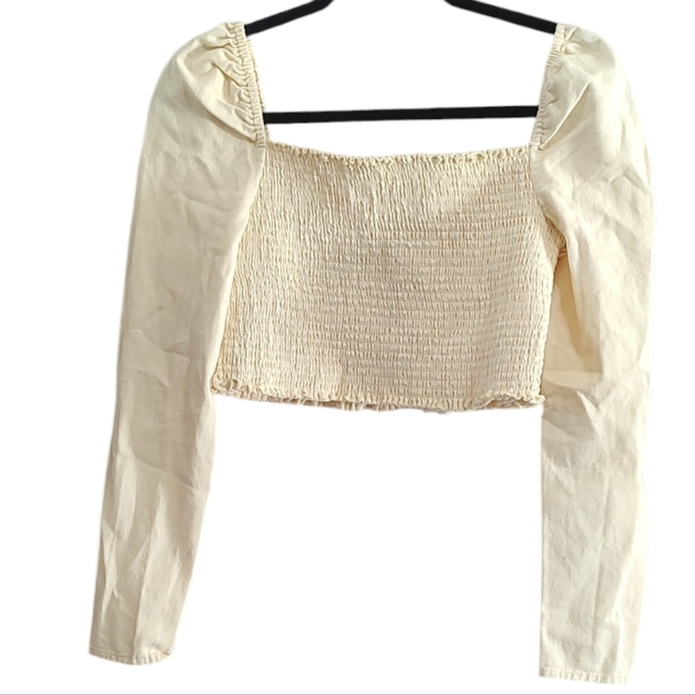 ASOS Cream Smocked Square Neckline Long Sleeve Crop Top